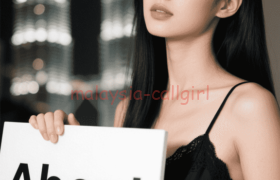 Woman in black dress holding an "About Us" sign with city lights in the background