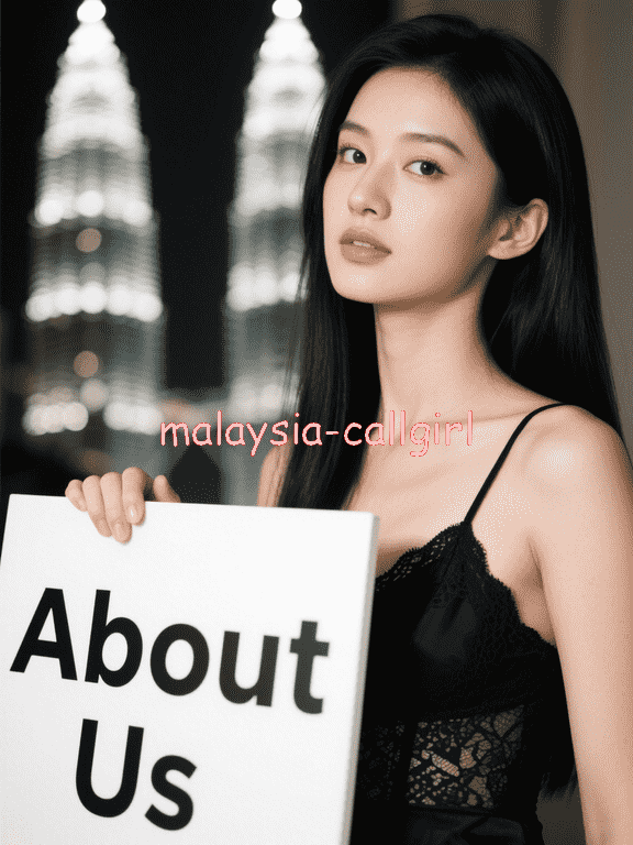 Woman in black dress holding an "About Us" sign with city lights in the background