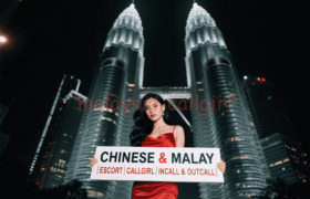 Woman in red dress holding sign: "Chinese & Malay | Escort | Callgirl | Incall & Outcall" in front of Petronas Towers.