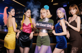 Five women in stylish dresses pose together. "Hot Escort Girls" sign is held in the center.