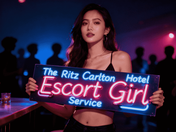 KL Escort Girl Woman holding neon sign "The Ritz Carlton Hotel Escort Girl Service" in a nightclub setting. Malaysia Escort Sex in Kuala Lumpur
