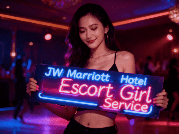 KL Escort Girl Woman holding a neon sign that reads "JW Marriott Hotel Escort Girl Service. Malaysia Escort Sex in Kuala Lumpur