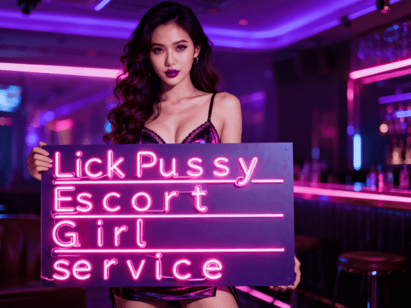 KL Escort Girl Woman holding neon sign: "Lick Pussy Escort Girl Service". Malaysia Escort Sex in Kuala Lumpur