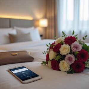 KL Escort Girl Hotel room with bouquet of roses, phone, and purse on bed. Luxury travel concept. Malaysia Escort Sex in Kuala Lumpur