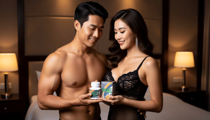 KL Escort Girl Attractive couple holding supplements; possibly Cialis Tadalafil. Malaysia Escort Sex in Kuala Lumpur