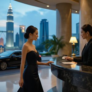 KL Escort Girl Elegant woman checks into luxury Kuala Lumpur hotel with Petronas Towers view. Malaysia Escort Sex in Kuala Lumpur
