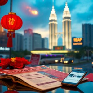 KL Escort Girl Kuala Lumpur skyline with Petronas Towers seen through a window with Chinese lanterns and a phone. Malaysia Escort Sex in Kuala Lumpur