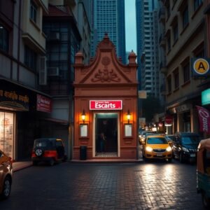 KL Escort Girl Street scene in a city with the Escarts theater, featuring cars and pedestrians. Malaysia Escort Sex in Kuala Lumpur