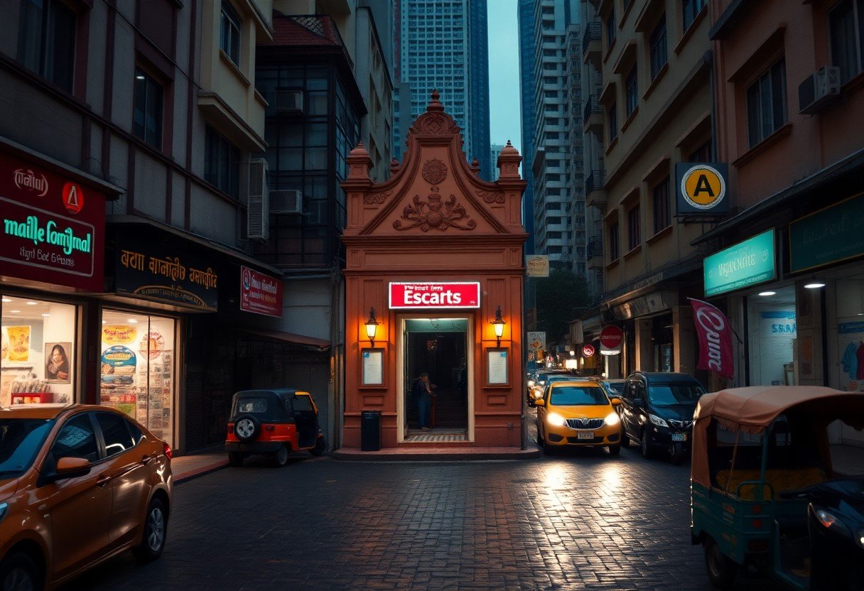 KL Escort Girl Street scene in a city with the Escarts theater, featuring cars and pedestrians. Malaysia Escort Sex in Kuala Lumpur