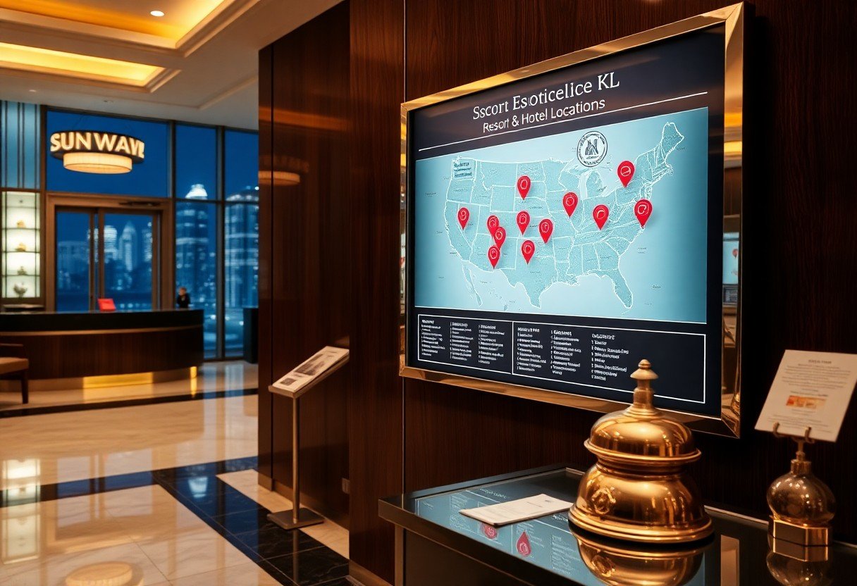 KL Escort Girl Sunway hotel lobby with map of resort locations in the USA. Malaysia Escort Sex in Kuala Lumpur