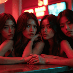 KL Escort Girl Four young women posing at a bar under red neon lights. Malaysia Escort Sex in Kuala Lumpur