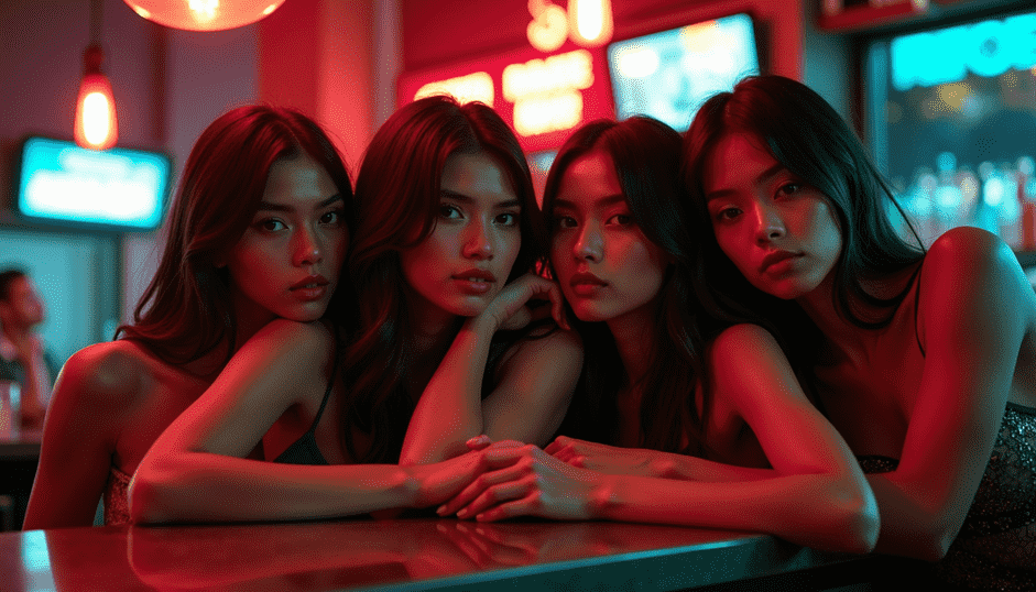 KL Escort Girl Four young women posing at a bar under red neon lights. Malaysia Escort Sex in Kuala Lumpur