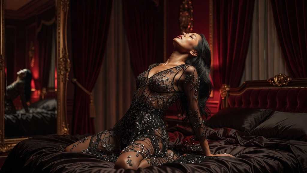 KL Escort Girl Elegant woman in a sheer black dress on a luxurious bed Malaysia Escort Sex in Kuala Lumpur