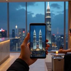 KL Escort Girl Person holding smartphone displaying Petronas Towers at night, with couple in hotel lounge Malaysia Escort Sex in Kuala Lumpur