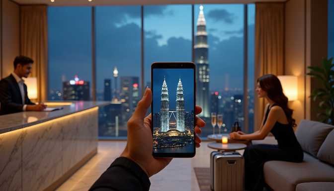 KL Escort Girl Person holding smartphone displaying Petronas Towers at night, with couple in hotel lounge Malaysia Escort Sex in Kuala Lumpur