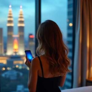 KL Escort Girl Woman with phone in hotel room overlooking city skyline at night Malaysia Escort Sex in Kuala Lumpur