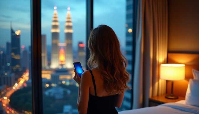 KL Escort Girl Woman with phone in hotel room overlooking city skyline at night Malaysia Escort Sex in Kuala Lumpur