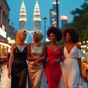KL Escort Girl Four well-dressed women and a man stand near a yellow taxi, with city buildings and lights in the background. Malaysia Escort Sex in Kuala Lumpur