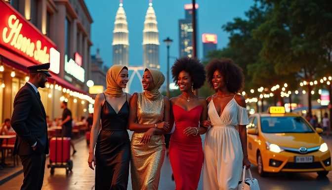 KL Escort Girl Four well-dressed women and a man stand near a yellow taxi, with city buildings and lights in the background. Malaysia Escort Sex in Kuala Lumpur