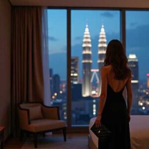 KL Escort Girl Woman in black dress looking at Kuala Lumpur skyline from hotel room Malaysia Escort Sex in Kuala Lumpur