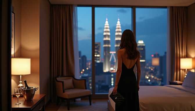 KL Escort Girl Woman in black dress looking at Kuala Lumpur skyline from hotel room Malaysia Escort Sex in Kuala Lumpur