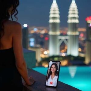 KL Escort Girl Woman on video call with friend overlooking city skyline at night Malaysia Escort Sex in Kuala Lumpur