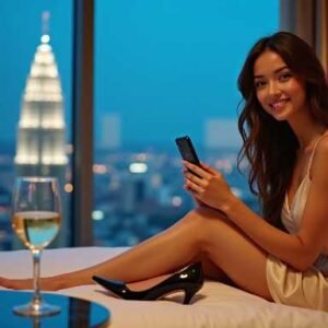 KL Escort Girl Woman in satin dress with smartphone and wine glass on bed overlooking city skyline Malaysia Escort Sex in Kuala Lumpur