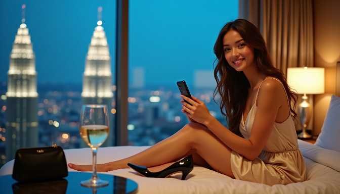 KL Escort Girl Woman in satin dress with smartphone and wine glass on bed overlooking city skyline Malaysia Escort Sex in Kuala Lumpur