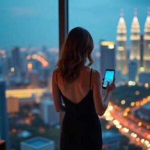 KL Escort Girl Woman in black dress with phone overlooking city skyline at night Malaysia Escort Sex in Kuala Lumpur