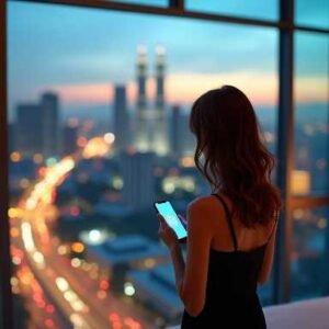 KL Escort Girl Woman in hotel room with city view uses smartphone at night Malaysia Escort Sex in Kuala Lumpur