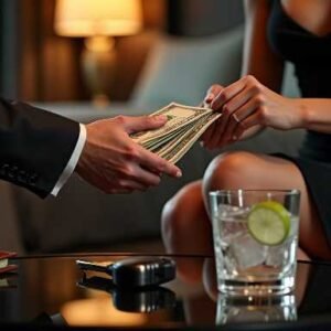 KL Escort Girl Man in suit hands cash to woman in black dress, car key and drink on table Malaysia Escort Sex in Kuala Lumpur