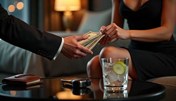 KL Escort Girl Man in suit hands cash to woman in black dress, car key and drink on table Malaysia Escort Sex in Kuala Lumpur