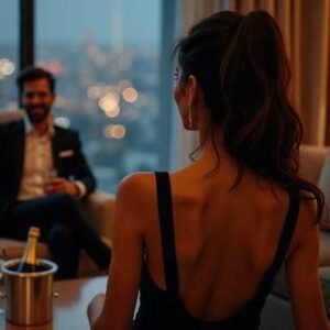 KL Escort Girl Couple in a luxury hotel suite with city view, enjoying champagne Malaysia Escort Sex in Kuala Lumpur